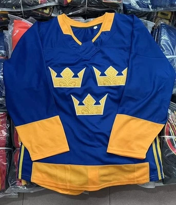 Custom Retro Team Sweden Hockey Jersey Sewn Karlsson Zibanejad Forsberg Name - Image 1 of 3