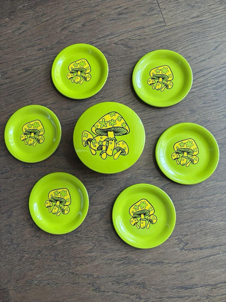 Set of 6 Green & Yellow Groovy Mushroom Coasters + Holder by Takahashi w Sticker - Image 1 of 4