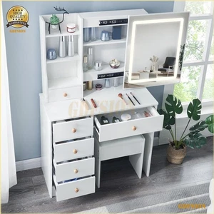 Vanity Table Stool Set With Large Smart LED Sliding Mirror Makeup Dressing Desk - Picture 1 of 12