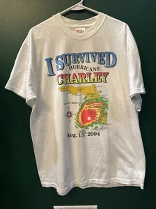 VINTAGE Hurricane Charlie Shirt Herren L weiß I Survived 2004 Florida neon - Bild 1 von 5