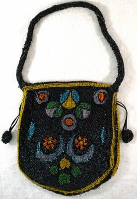 Antique Glass Beaded Purse / Handbag Black & Bright Colored Beads - Image 1 of 4