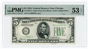 1934 Series $5 Federal Reserve Note Chicago PMG 53EPQ FR#1955-G GA Block - Picture 1 of 2