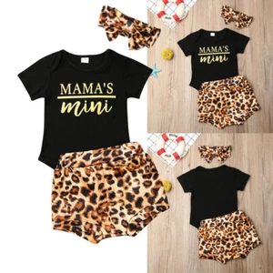 3-teilig Neugeborenes Baby Mädchen Kleidung Leopardenmuster Strampler Tops Shorts Stirnband Outfit - Bild 1 von 7