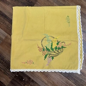 VTG Small Tablecloth Cottagecore Farmhouse Hand Painted Floral Crochet Trim 41” - Picture 1 of 11