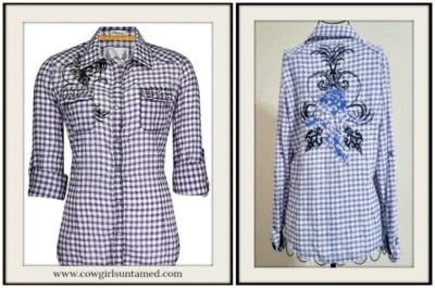 Camisa ocidental ROAR feminina roxa xadrez bordada manga longa pérola Snap M nova com etiquetas - Imagem 1 de 4