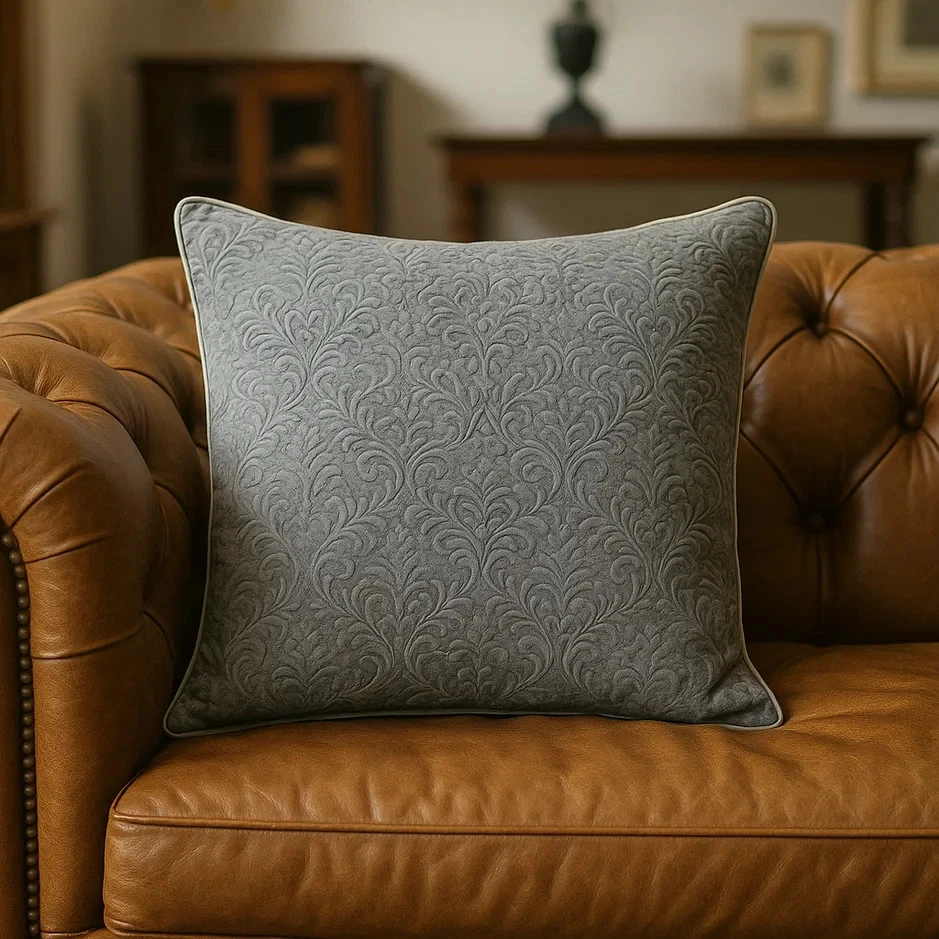 Elegant Grey Damask Decorative Cushion – Soft Quilted Accent Pillow - Image 1 of 4