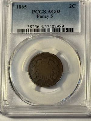 1865 2 Cent Piece Fancy 5 AG03 - Image 1 of 4