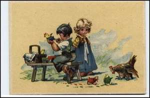 Kinder Motiv-AK 1947 Junge bemalt Hühner Mädchen schaut zu Humor-AK - Bild 1 von 1
