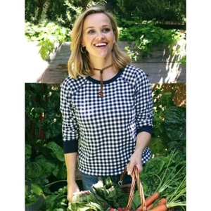 DRAPER JAMES Natalie Sweatshirt Navy Blue & White Gingham Pullover X-Small - Picture 1 of 14