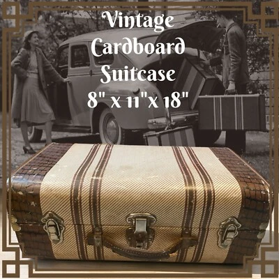 Vintage 1940s Cardboard Wood Leather Steamer Suitcase 8"x11"x18" Size READ - Image 1 of 4
