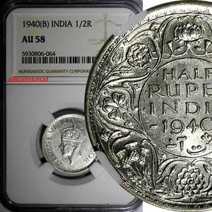 India-British George VI Silver 1940 (B) 1/2 Rupee Bombay NGC AU58 KM# 550a (064) - Picture 1 of 4