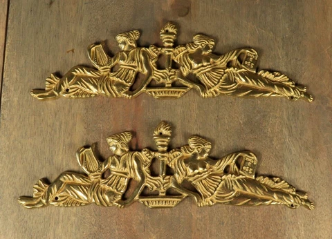 Antique VTG French Gilt Brass PAIR Figural Lady Pediment Empire Style Ornament Cover
