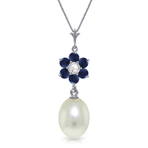 4.53 CTW 14K White gold fine Necklace 16" genuine pearl Sapphire Diamond - Picture 1 of 6