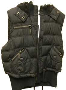 Black Puffer Vest Zipper Sleeveless Jacket Faux Fake fur hood Size L (Junior) - Picture 1 of 5