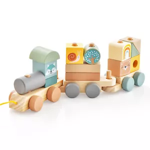 Toddler Wooden Toys Train Stacking Toy Set w/ 3 Train Cars & 13 Wooden Blocks - Picture 1 of 8