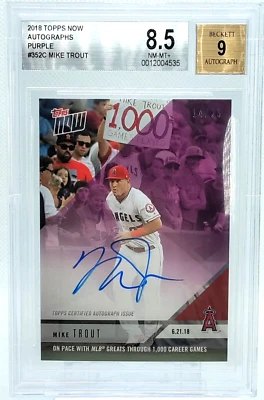 BGS 8,5/25 Mike Trout en tarjeta automática 1000 juegos 2018 Topps Now autógrafo 352C SP Foto 1 de 4
