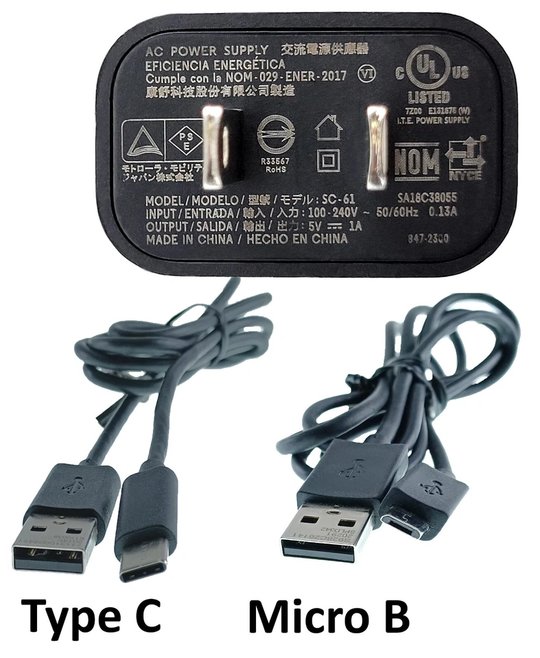OEM Motorola CA FUENTE DE ALIMENTACIÓN SC-61 5V-1A + 2 cables USB (tipo C y Micro B) Foto 1 de 4