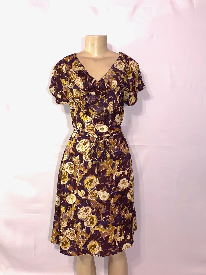 LANDS END BROWN FLORAL RUFFLE FRONT WITH BELTED WAIST POLY CREPE SHORT SLEEVE 6 — 第 1/3 张图片