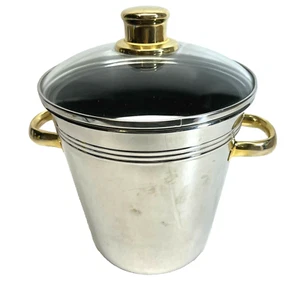 Secchiello per ghiaccio in acciaio inox e ottone alto 8,5", manici in ottone, coperchio in vetro, rivestimento - Foto 1 di 8