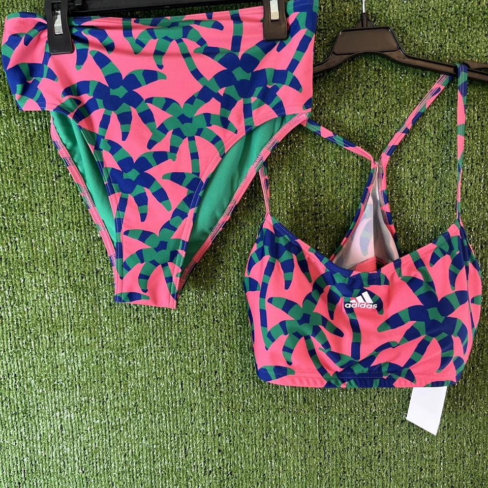 Top de bikini de natación Adidas FARM RIO BEACH púrpura verde brillante talla Lrg.; Fondos Med. Foto 1 de 4