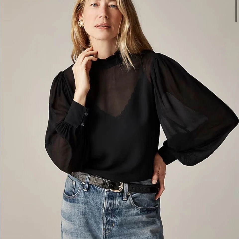 Top J Crew cuello volante en gasa para mujer XS negro Foto 1 de 4