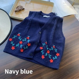 Lady Knit Vest Waistcoat Cardigan Floral Embroidery V Neck Sweater Knitwear Warm - Picture 1 of 17