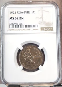 1921 PHILIPPINES BRONZE 1 CENTAVO NGC MS 62 BN SCARCE MINT STATE - Picture 1 of 3