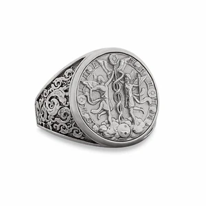 Real 14K White Gold Gemini Ring, Zodiac Sign Mens Gold Coin Astrology Ring - Picture 1 of 8