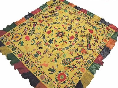 Tapiz bordado pavo real Ganesha amarillo - Kutch vintage colgante de pared 78"x75" Foto 1 de 4