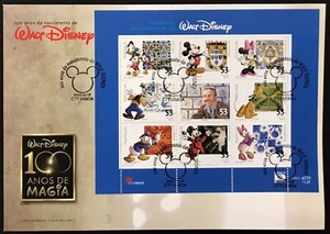 PORTUGAL 100 YEARS OF THE BIRTH OF WALT DISNEY FDC 2001 MICKEY DONALD DUCK GOOFY - Picture 1 of 1