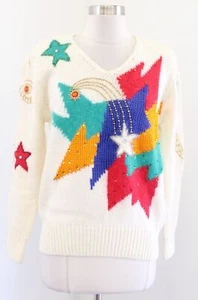 Vtg 80s 90s Cream Colorful Star Print Embellished Sequin Sweater Size M Angora - Picture 1 of 8