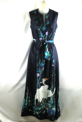 Maxi VESTIDO McInerny Hawaiian Birds vintage años 60 con cinturón pequeño Foto 1 de 4