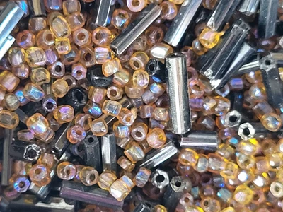 Microvidrio checo iridiscente oro semilla y cuentas de paja negras fabricación de joyas 9,5 oz Foto 1 de 4