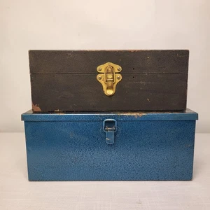2x Vintage Metal Storage Boxes Small Metal Tool Box Blue And Black Free P&P UK - Picture 1 of 16