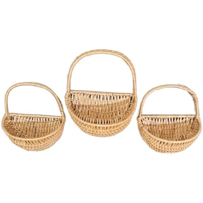 Vintage Set of 3 Half Round Half Moon Woven Wall Pocket Hanging Baskets w/Handle - Image 1 of 4