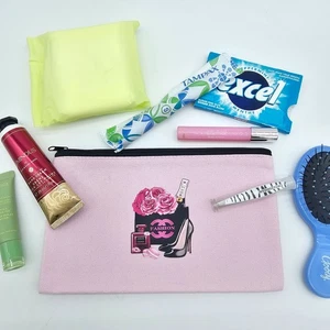 Canvas Toiletry/Makeup Bag, Feminine Pouch, Travel Bag, Pencil Case Pink - New - - Picture 1 of 15