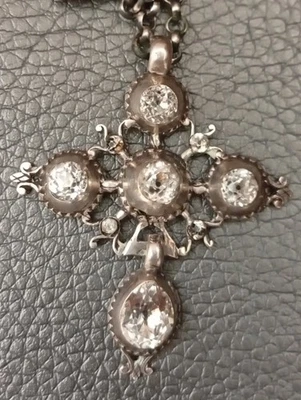 Ancien Croix Normande Saint Lô Chaîne Pierre du Rhin Argent Massif Poinçons - Photo 1/4