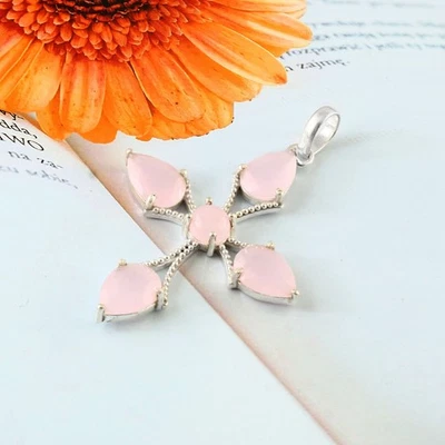 Colgante hecho a mano de plata de ley 925 con piedras preciosas de cuarzo rosa talla rosa Foto 1 de 3