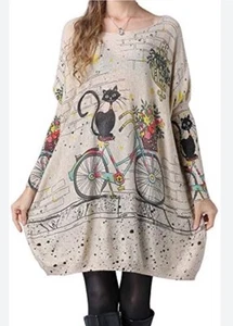 Oversized Wool Blend Tunic Top Women Long Dolman Sleeve Kitten Cat Sweater - Picture 1 of 14
