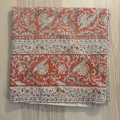 Crate & Barrel Kalamkari Tablecloth 60x60 India Block Print Floral Red Cotton - Image 1 of 4