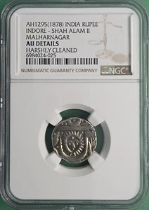 AH1295(1878) INDIA SILVER RUPEE  INDORE- SHAH ALAM II MALHARNAGAR NGC AU DETAILS - Picture 1 of 5