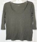Woman Eileen Fisher Olive Green Silk Cotton Scoop Neck 3/4 Sleeve T-Shirt Medium