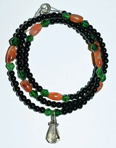 Faceted Glass Pendant Black Onyx & Carnelian Stone & Green Glass Beads Necklace - Imagen 1 de 2