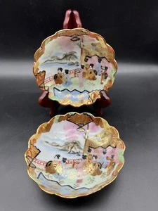 Antique Kutani Geisha Hand Painted Fine Porcelain Bowl Scalloped 5.75" Set of 2 - Picture 1 of 12