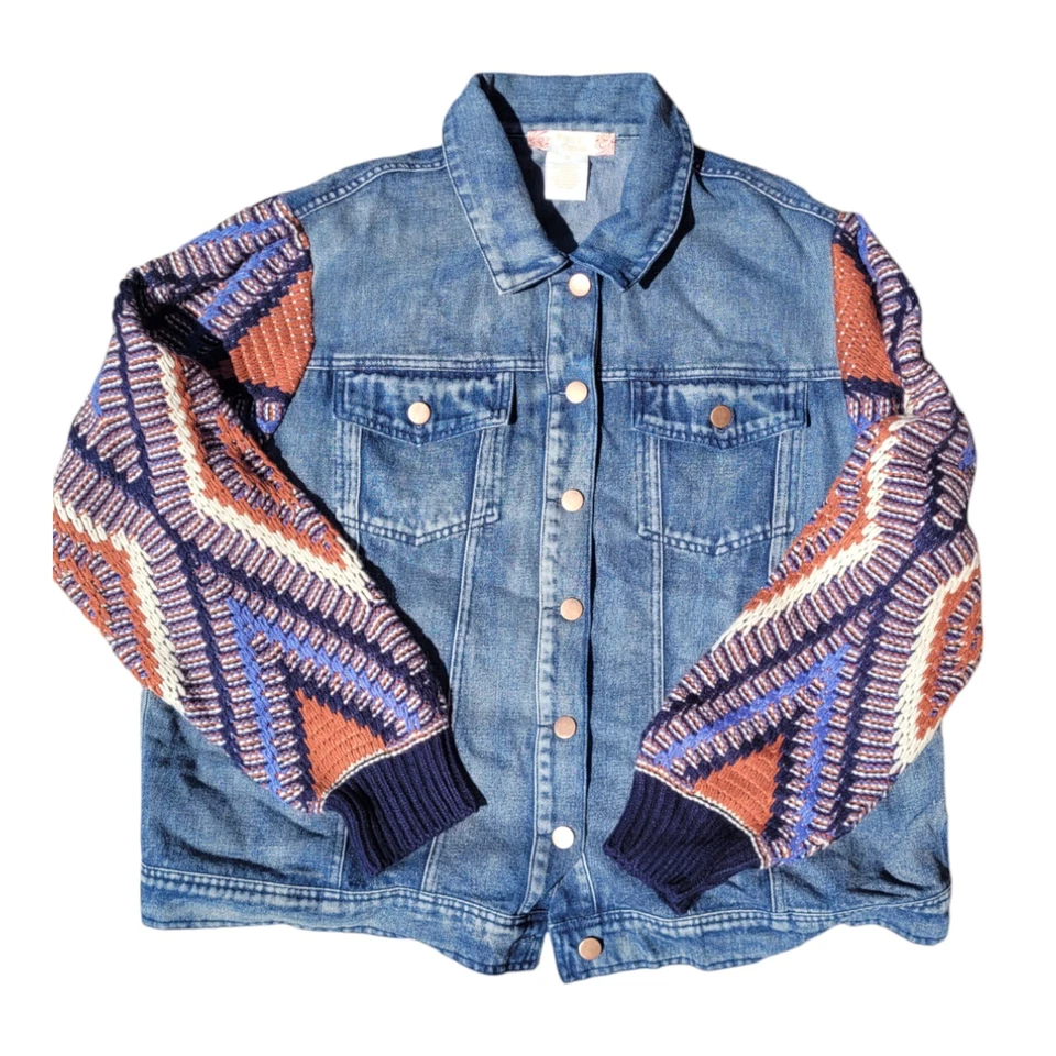 Flying Tomato Women's Juniors Boho Sweater Sleeve Denim Jacket - Image 1 of 4