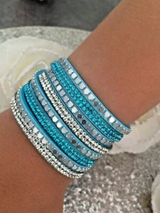 SUBLIME WRAP BRACELET DOUBLE TOUR POIGNET FEMME BLEU STRASS FERMETURE PRESSIONS - Picture 1 of 2