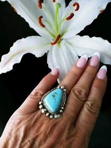 Native American Navajo Fox Turquoise  & Sterling Silver Size 8.5 Ring Signed - Picture 1 of 12