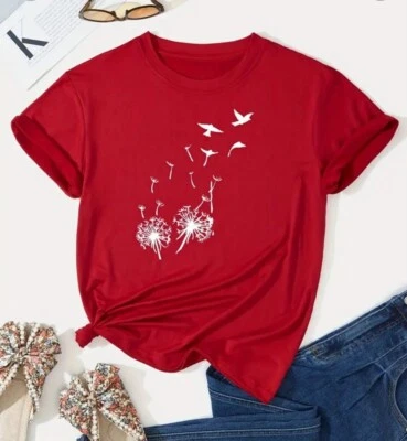 Red T Shirt With Dandelions Size Large - Image 1 of 4