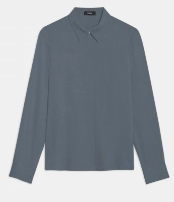$225 NWT THEORY SzL CLASSIC FITTED SILK GEORGETTE LONG SLEEVE SHIRT BLUE - Image 1 of 4