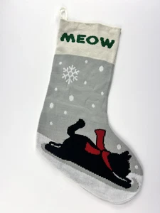 Knit Black Cat Meow Christmas Stocking 20" Sledding Snowflakes Grey Red Cream - Picture 1 of 3